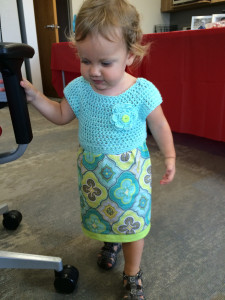 Lila wearing her first Sew Sweet Crochet Fabric Toddler Dress by me!